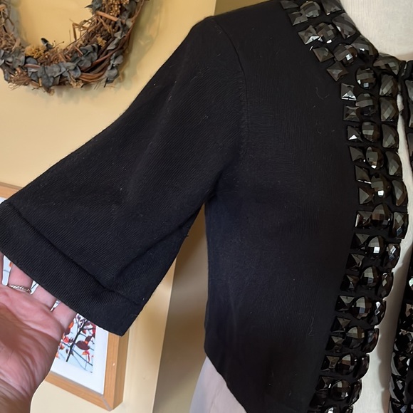 TRINA TURK Size Medium Crop Cardigan Black Gemstones Trim Cashmere Cotton $249 - Picture 8 of 16